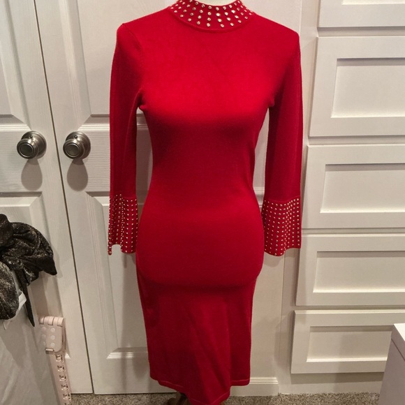 Calvin Klein Red mid length  Sleeve Studded Dress - Picture 2 of 11